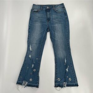 Casual 2 Dressy Distressed Grommet Release Hem Wide Leg Jeans Size 26 Women’s